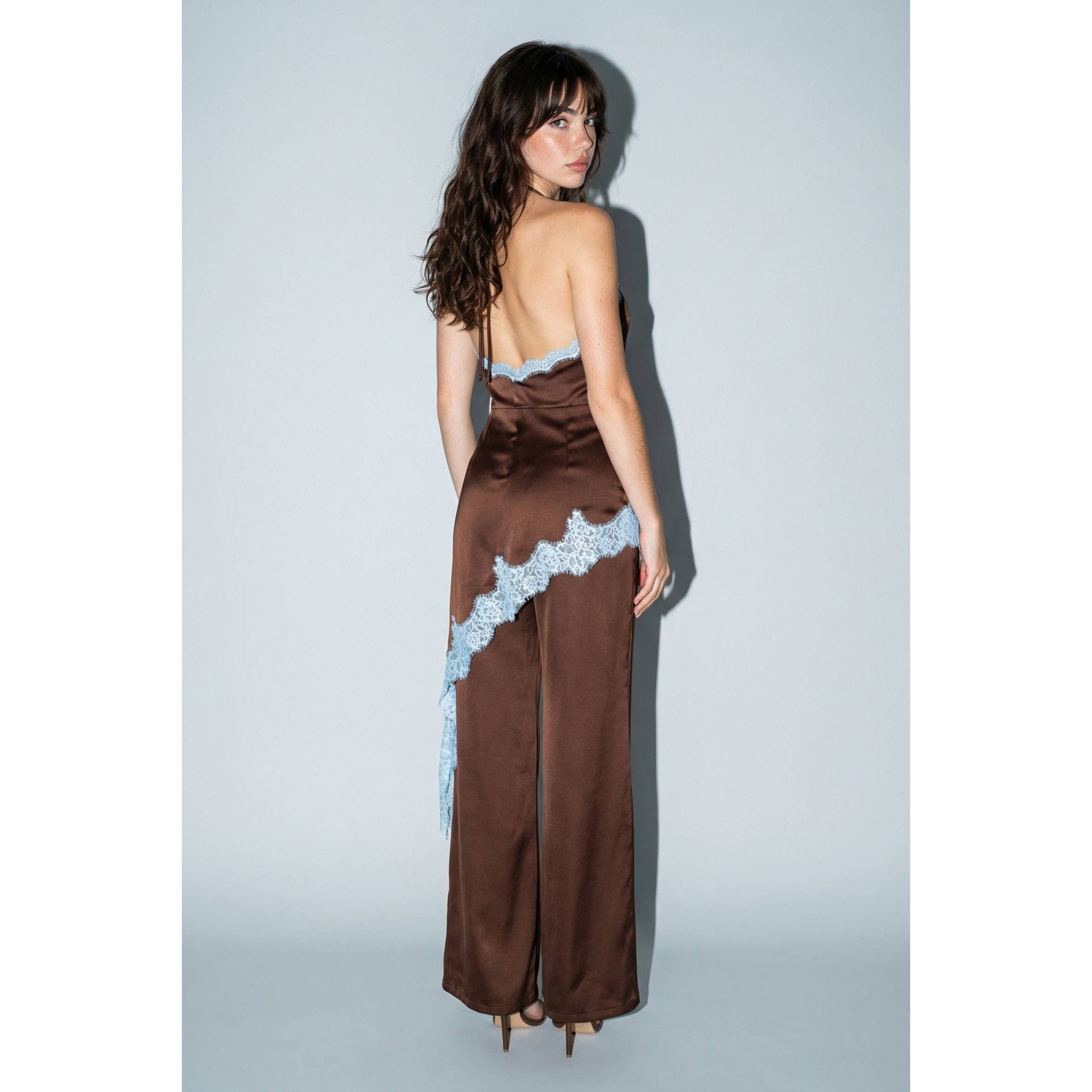 Brown satin halter jumpsuit styled for a party or evening event, wide-leg detail