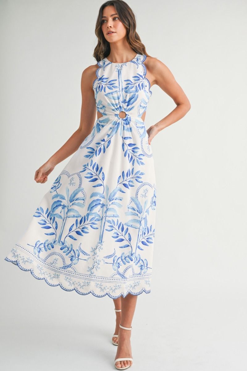 Women Blue & White Floral Side Cut Out Midi Dress