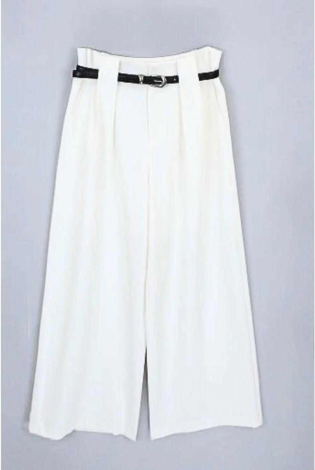 white high-waisted wide leg pants with belt detail.