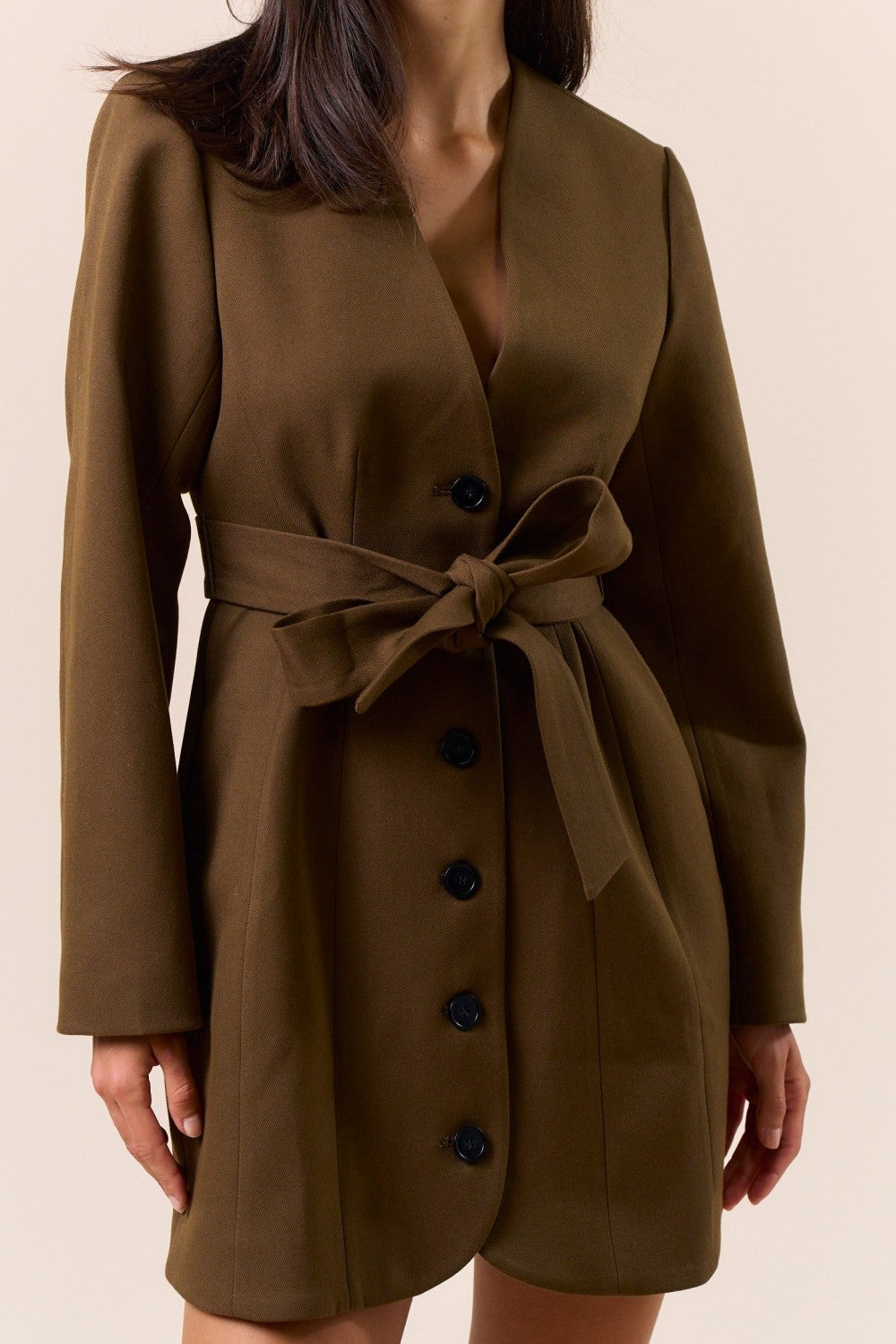 Brown long-sleeve button-down dress with belt- Love Road Boutique