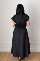 black midi dress with v-necklines and cinched waist.