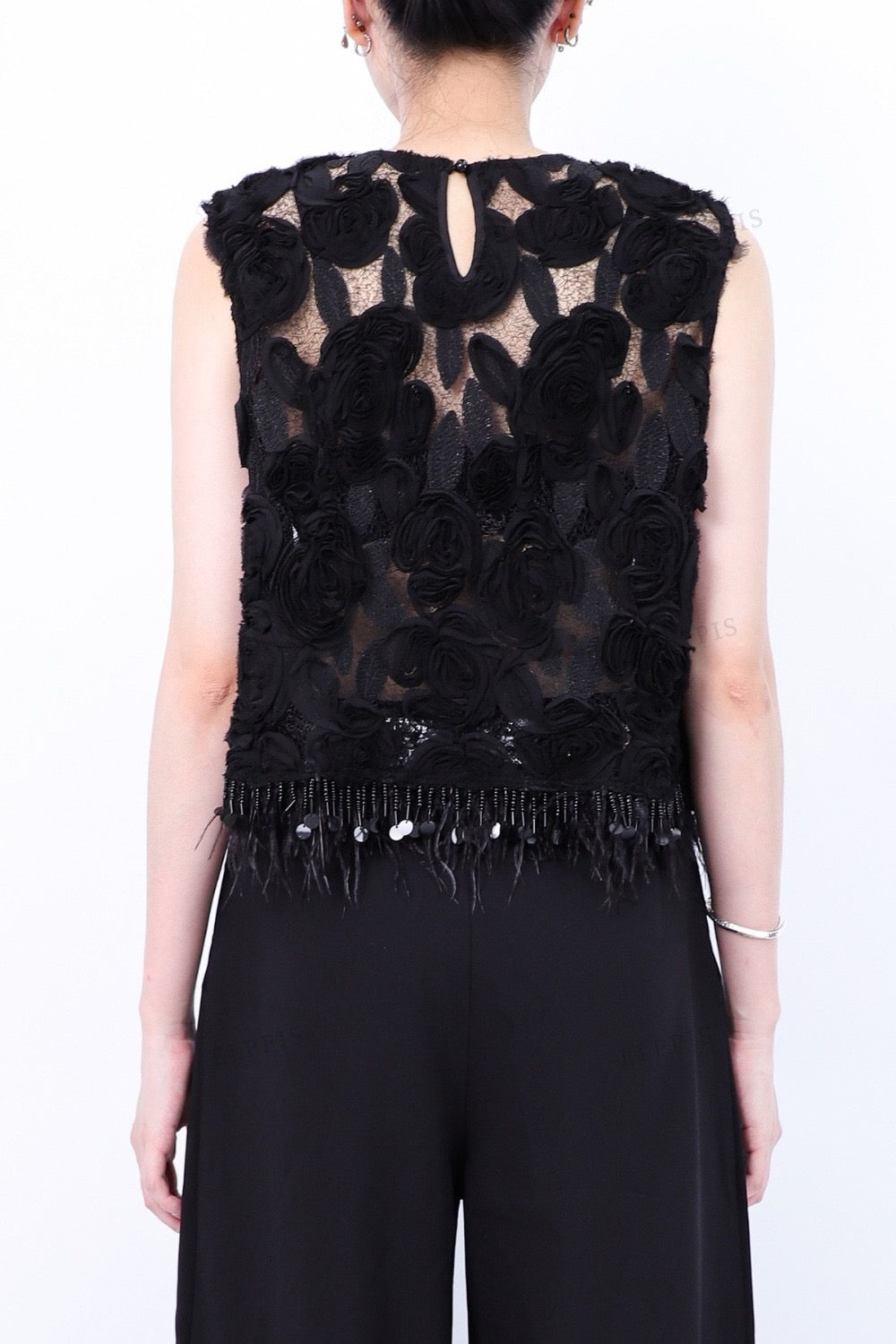 Black floral lace top with fringe details 