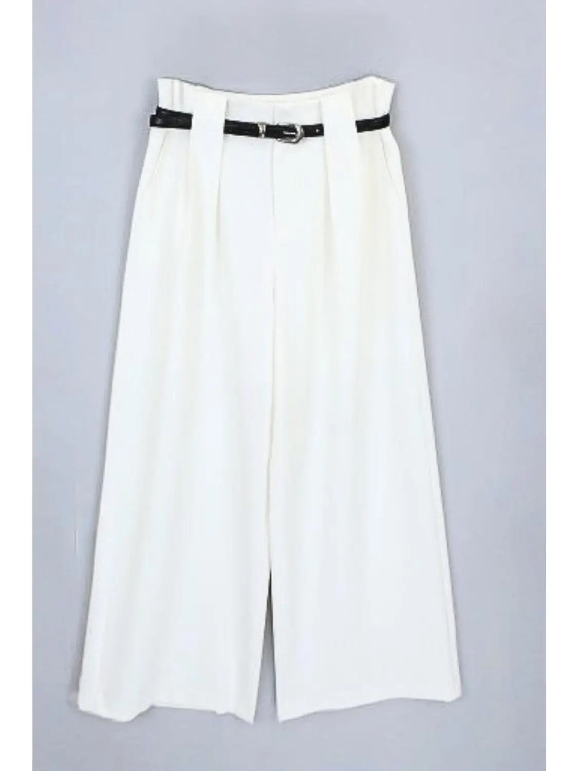 white high-waisted wide leg pants with belt detail.