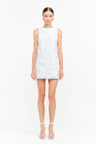 blue floral lace mini dress